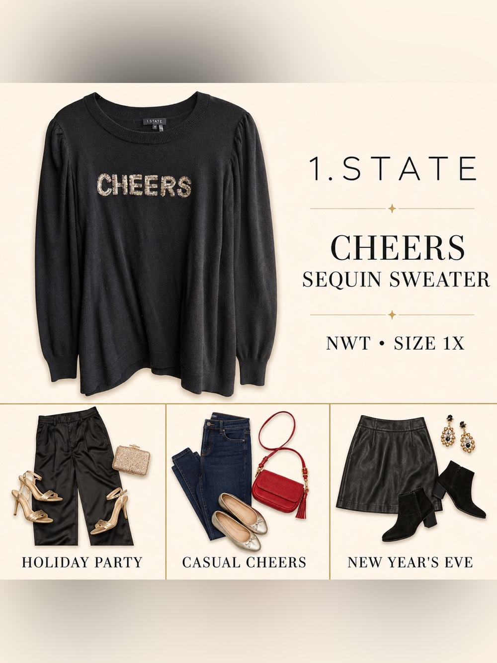 NWT 1.STATE Cheers Sequin Sweater Black Size 1X